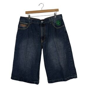 Jinzu Baggy Embroidered Graphic Denim Shorts Dark Wash Skater Streetwear Size 38